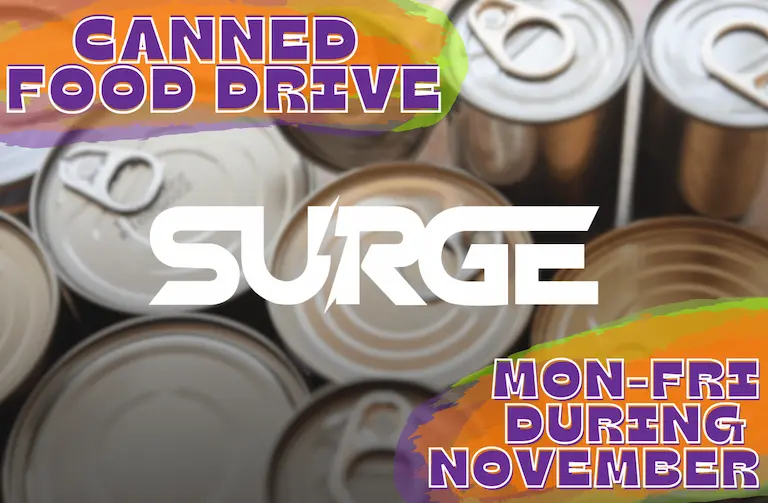 Image promoting a canned food drive by SURGE, held Monday through Friday during November, emphasizing community support and food donations.